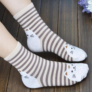 Splashbuy Footwear - Printed Socks ALL 6 Pairs Women Girls Stripe Cute Cat Cotton Soft Pattern Crew Socks (6 Pairs) 64651-f6pairs