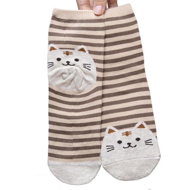 Splashbuy Footwear - Printed Socks Coffee Women Girls Stripe Cute Cat Cotton Soft Pattern Crew Socks 64651-c