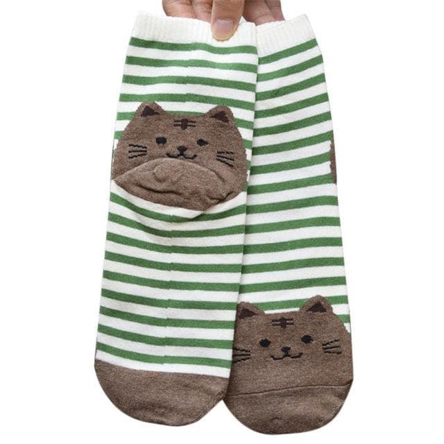 Splashbuy Footwear - Printed Socks Green Women Girls Stripe Cute Cat Cotton Soft Pattern Crew Socks 64651-f