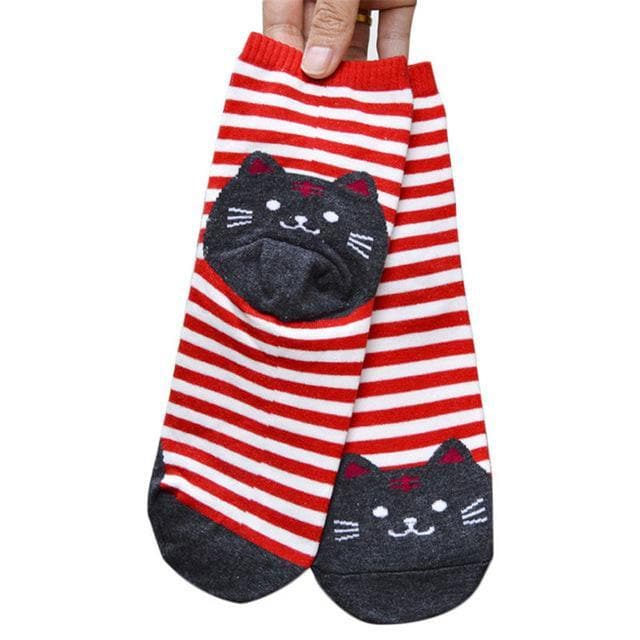 Splashbuy Footwear - Printed Socks Red Women Girls Stripe Cute Cat Cotton Soft Pattern Crew Socks 64651-d