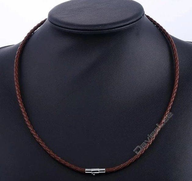 Men's Stainless Steel Polished Black Cross Braided Leather Necklace
